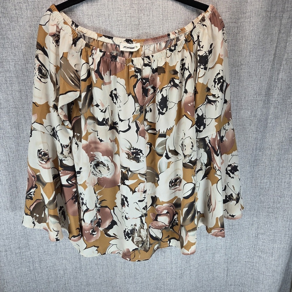 EE: Some Boho Women's Small Brown White Floral LS Off The Shoulder‎ Blouse